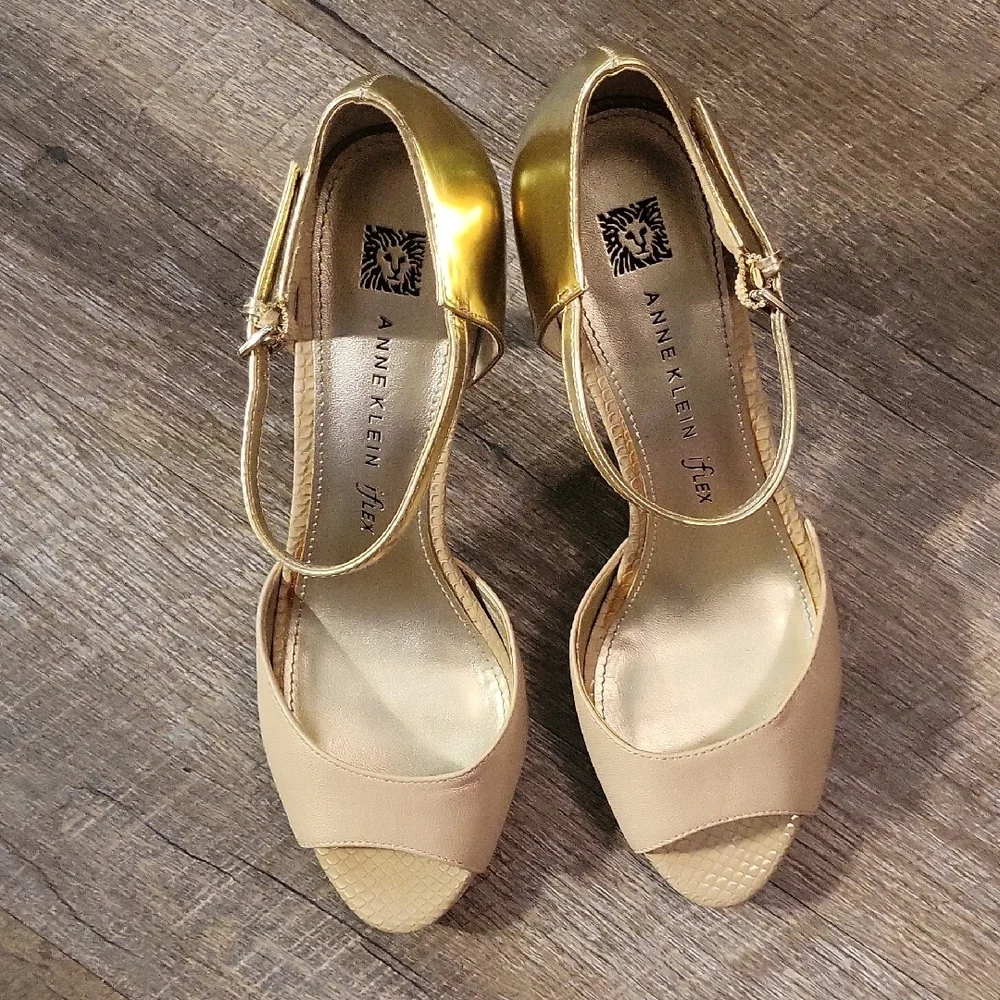 Anne Klein Gold and Cream Peep-Toe Heels - Picture 3 of 8